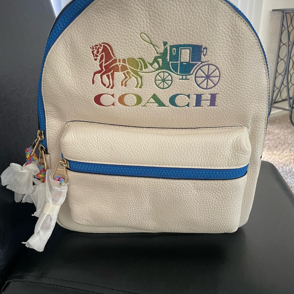 Coach Cream and Blue Backpack with Rainbow Logo